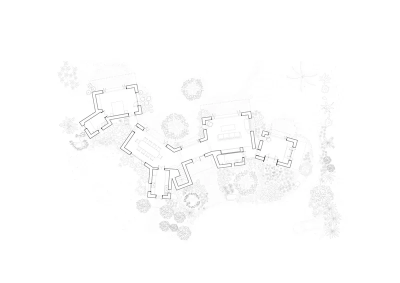 Floor plan drawing showing interconnected rooms with courtyard and pool surrounded by vegetation