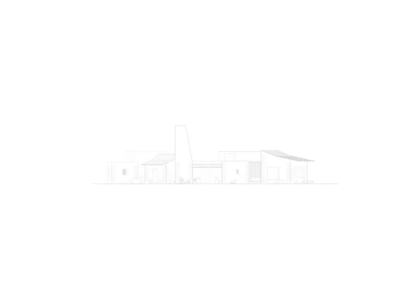 Elevation drawing showing a horizontal composition with a tall central tower and varied roof forms