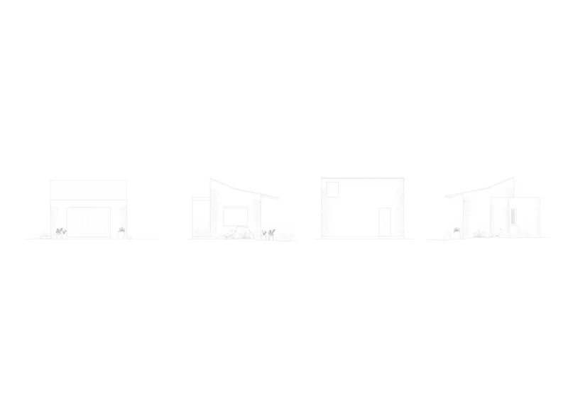 Elevation drawings depicting four facade variations with different roof pitches and landscape elements