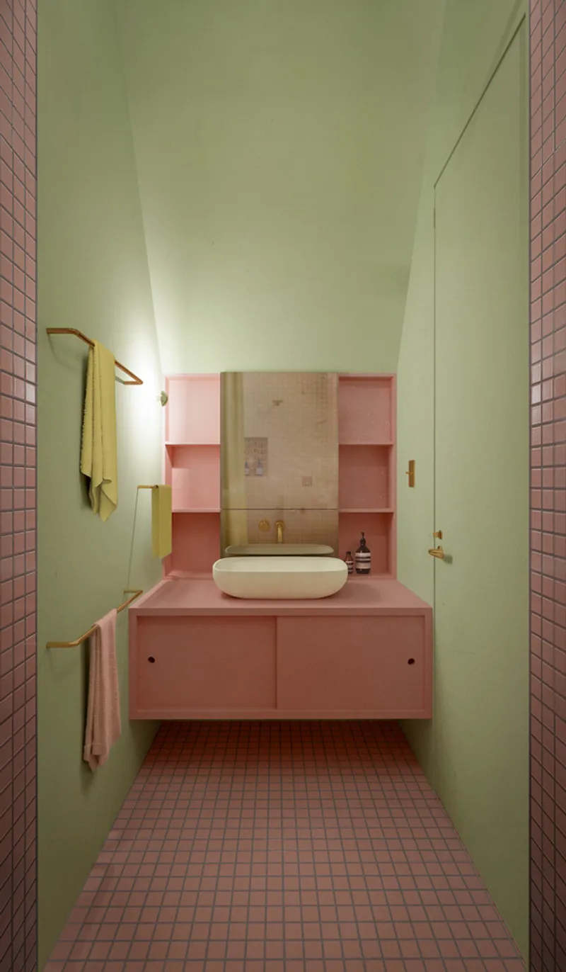 Bathroom vanity with pink counter, mint green walls, and pink mosaic tile floor