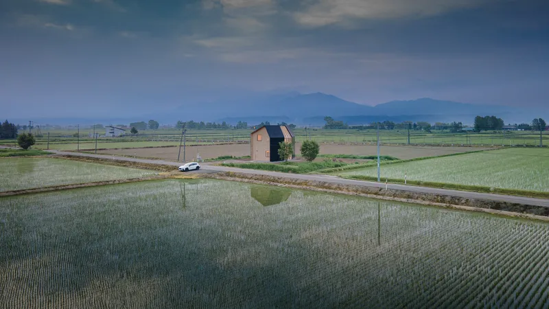 Gabled volume standing alone beside flooded rice paddies with mountains in the distance