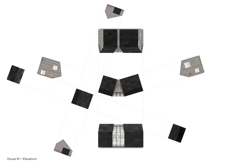Elevation drawings showing angled roof volumes with alternating dark and light facade treatments