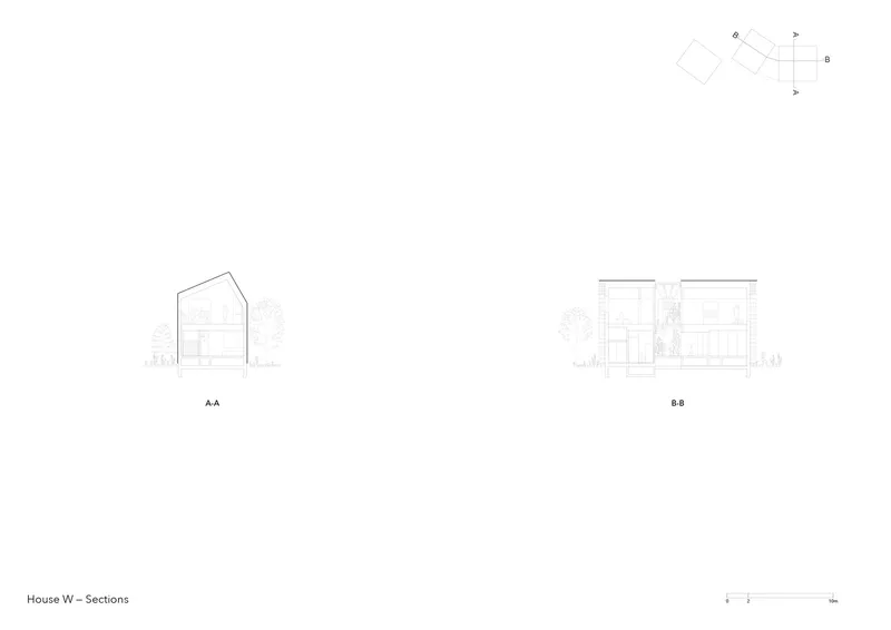 Section drawings showing interior spaces with sloped roofs and surrounding trees at ground level