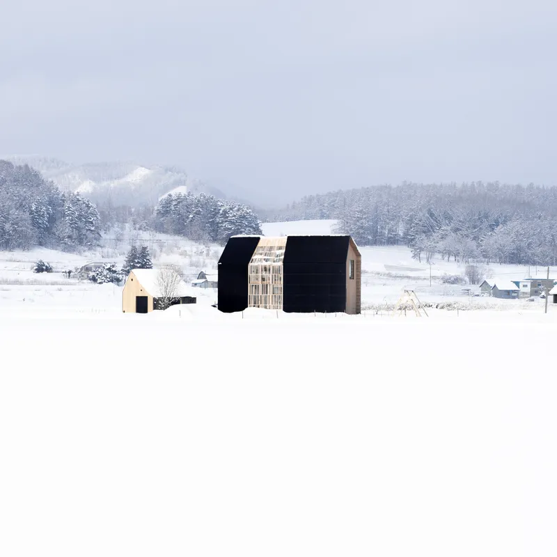 Three black gabled volumes with a glazed timber connector in a snow-covered field with forested hills behind