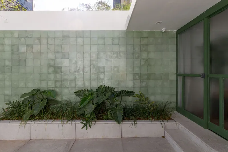 Exterior courtyard with pale green tile wall, raised planter bed with tropical foliage, and green-framed door