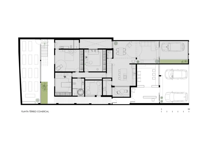 Ground floor plan drawing showing commercial layout with parking spaces, circulation paths, and planted areas