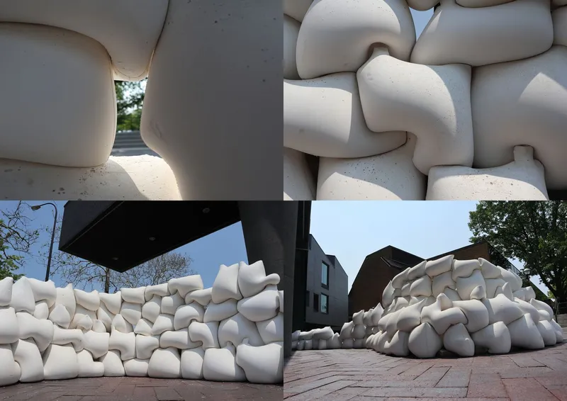 White inflatable pillow modules forming serpentine wall installation in outdoor courtyard setting