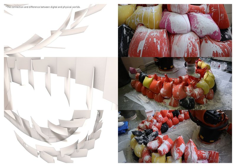 Physical model showing layered white paperboard volumes alongside construction photos of inflatable colored modules