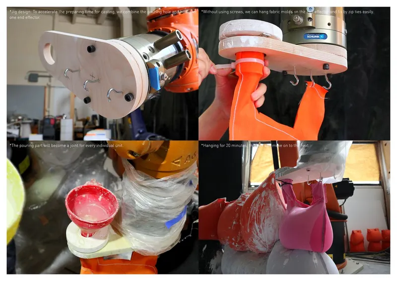 Robotic arm equipped with circular metal plate and orange pneumatic tools for fabric mold fabrication