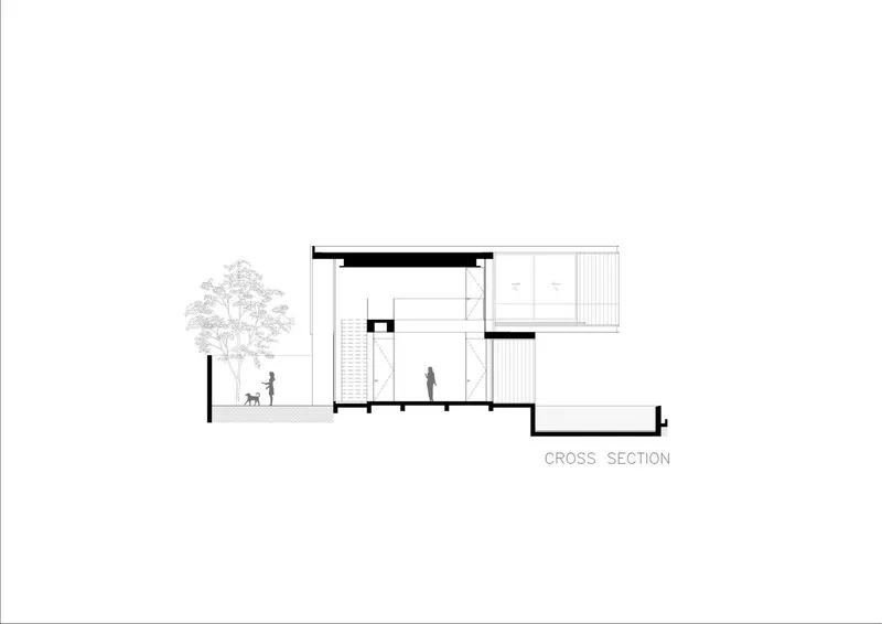 Cross section drawing revealing split-level interior spaces with tree and figures for scale