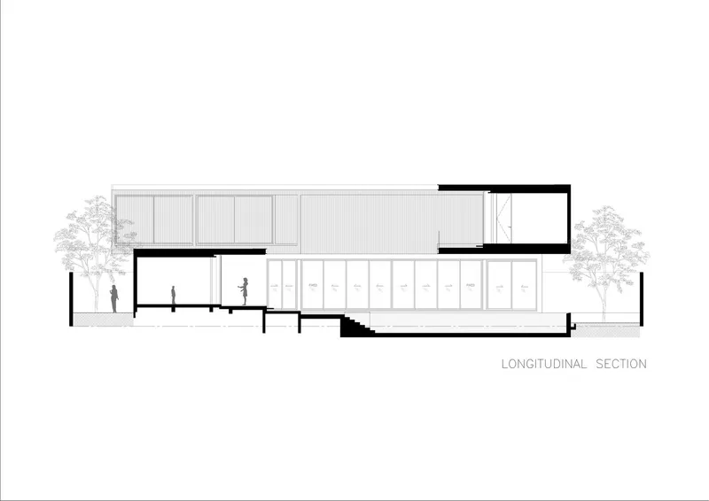 Longitudinal section drawing showing extended horizontal roof planes and double-height interior volumes with flanking trees