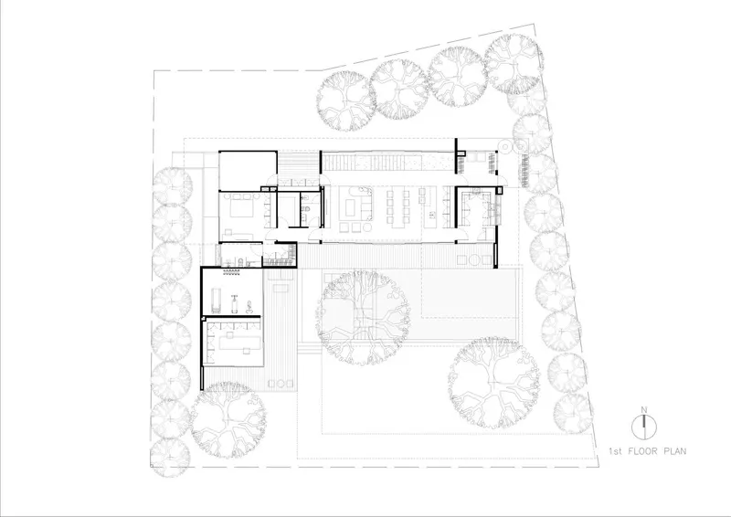 First floor plan drawing showing L-shaped layout with central pool courtyard and perimeter tree canopies