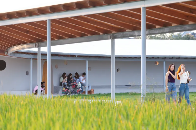 Covered corridor with steel columns and timber ceiling where visitors gather at dusk