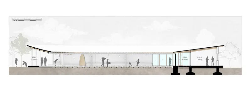 Section drawing showing the curved roof structure, interior spaces and surrounding landscape with figures