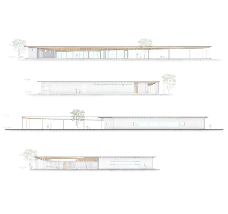 Elevation drawings depicting four views of the low-slung pavilion with timber roof and glazing