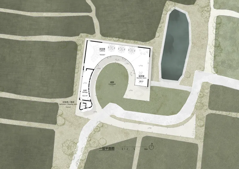 Site plan showing the curved pavilion footprint surrounded by rice paddies and a pond