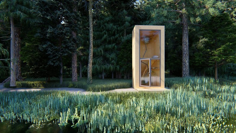 Front view of the timber and glass structure surrounded by tall wildflower grasses at dusk