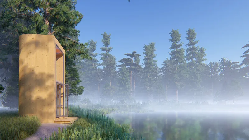 Side elevation of the plywood-clad pavilion emerging from morning mist above still water