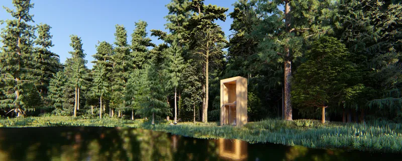 Distant view of the open-doored shelter reflected in the pond under blue sky