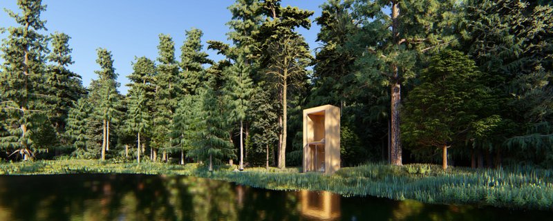 Distant view of the open-doored shelter reflected in the pond under blue sky
