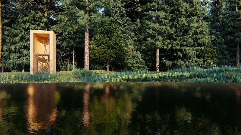 Illuminated interior of the pavilion visible through glazing with lakeside reflections at twilight