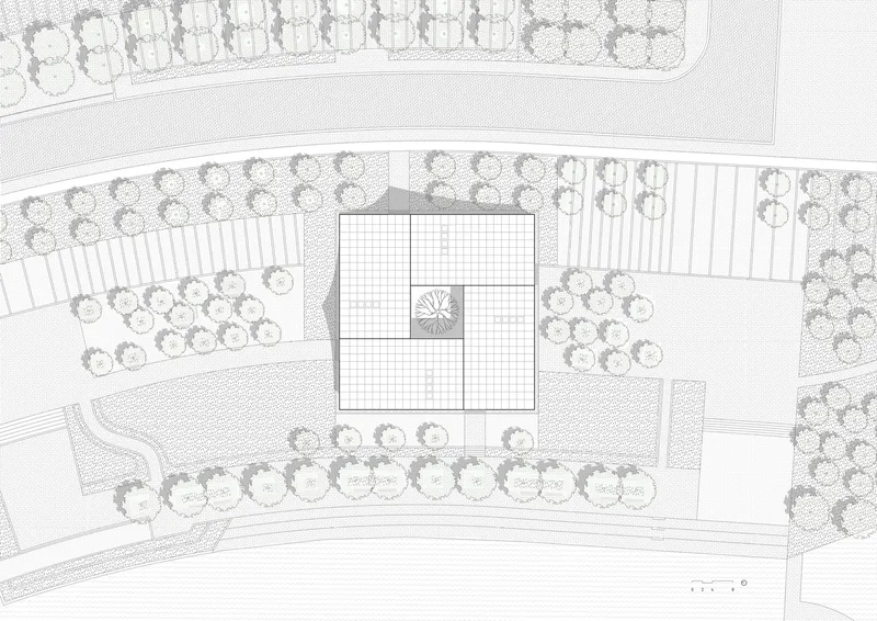 Site plan drawing showing rectilinear building with central courtyard surrounded by tree-lined pathways and landscape zones