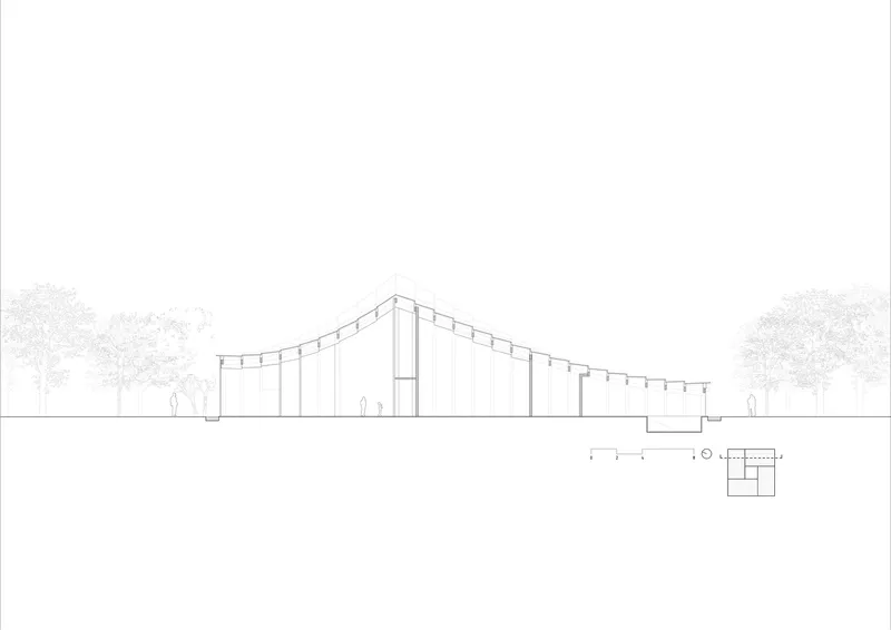 Section drawing illustrating sloped roof volumes stepping down across the site with trees beyond
