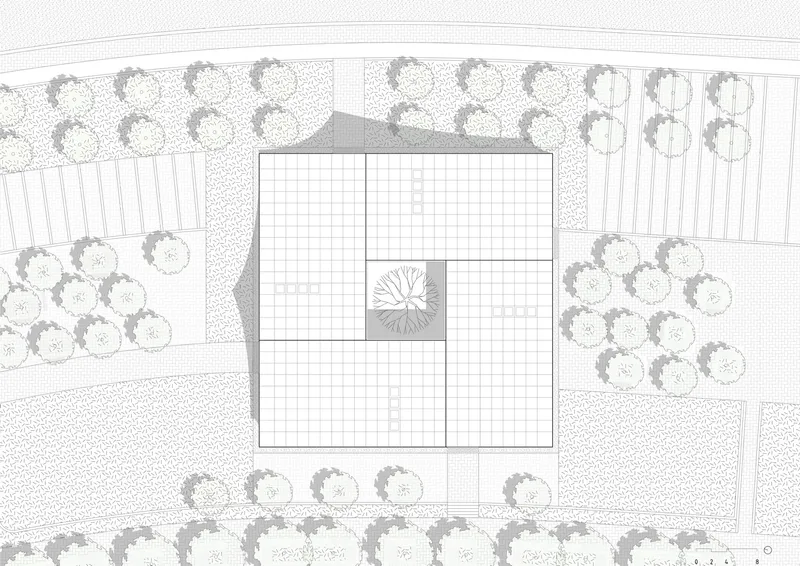 Site plan drawing showing a square building with central tree courtyard surrounded by planted perimeter landscaping