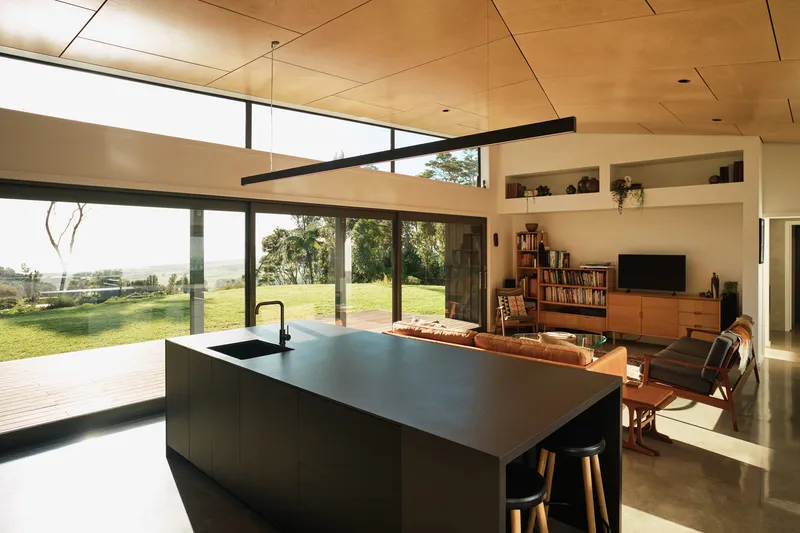 Open-plan kitchen and living space with plywood ceiling and floor-to-ceiling glass overlooking the lawn