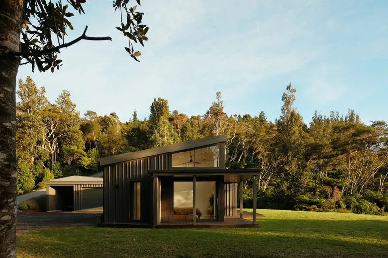Garden view showing the low-slung roof and dark cladding nestled among eucalyptus trees