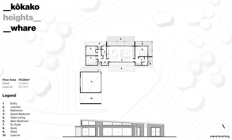 Floor plan and elevation drawing showing the linear layout with deck and separated shed volume