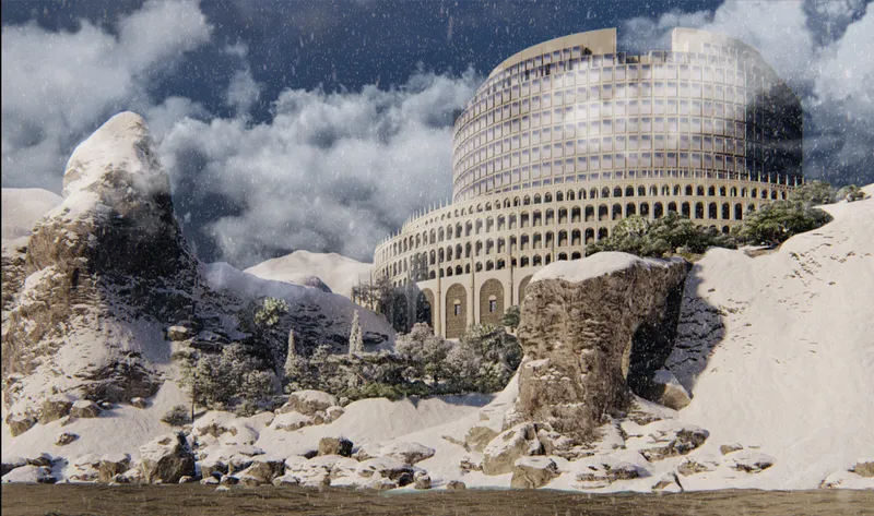 Cylindrical structure with arched colonnade base rising from a snowy mountain landscape beneath heavy clouds