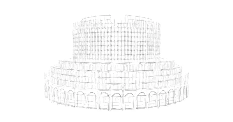 Axonometric line drawing showing a cylindrical tower with perforated facade atop a circular arched base