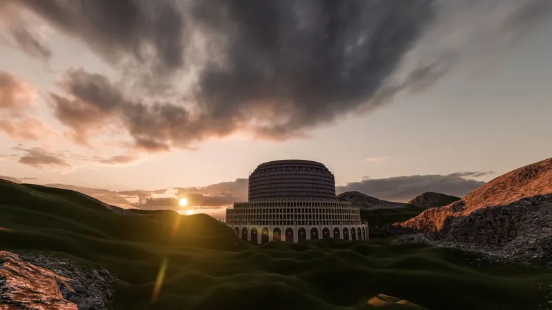 Tiered circular structure with arched colonnade and gridded upper volume at sunset in a mountainous valley