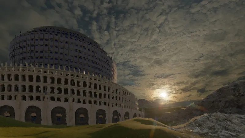 Curved facade with arched openings in multiple tiers beneath a clouded sky at sunset