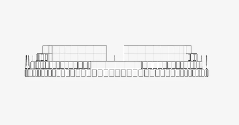 Section drawing showing the cylindrical structure with gridded walls and central courtyard void