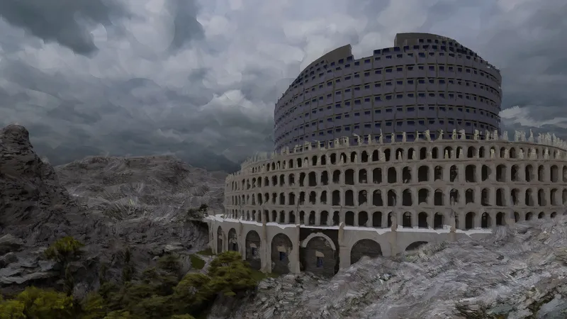 Cylindrical building with arched base and perforated facade rising from rocky terrain under stormy skies
