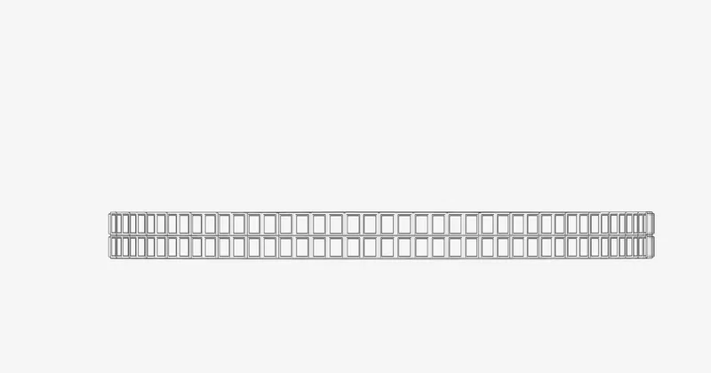 Elevation drawing of a long facade with repetitive grid of rectangular openings across two levels