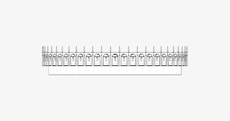 Elevation drawing showing a row of repeated arched bays with upper level fenestration