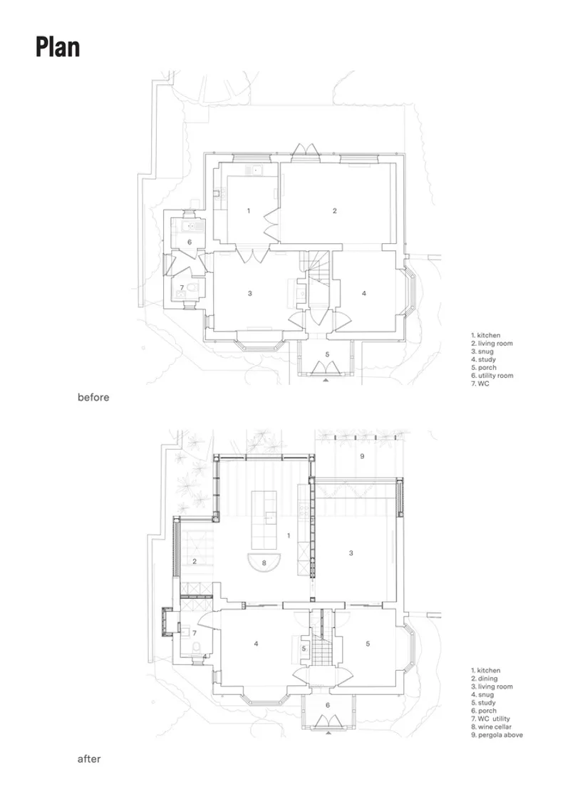 Floor plan drawings showing the before and after layouts of a residential renovation with central stair