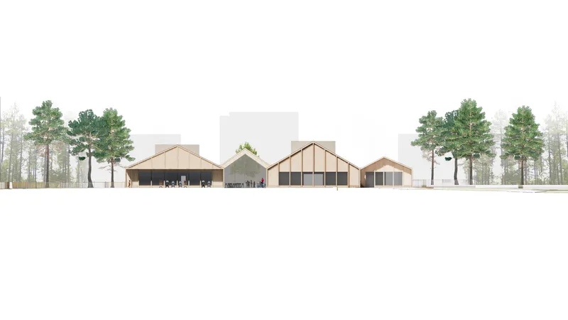 Elevation drawing showing a cluster of gabled volumes with timber cladding and glazed openings