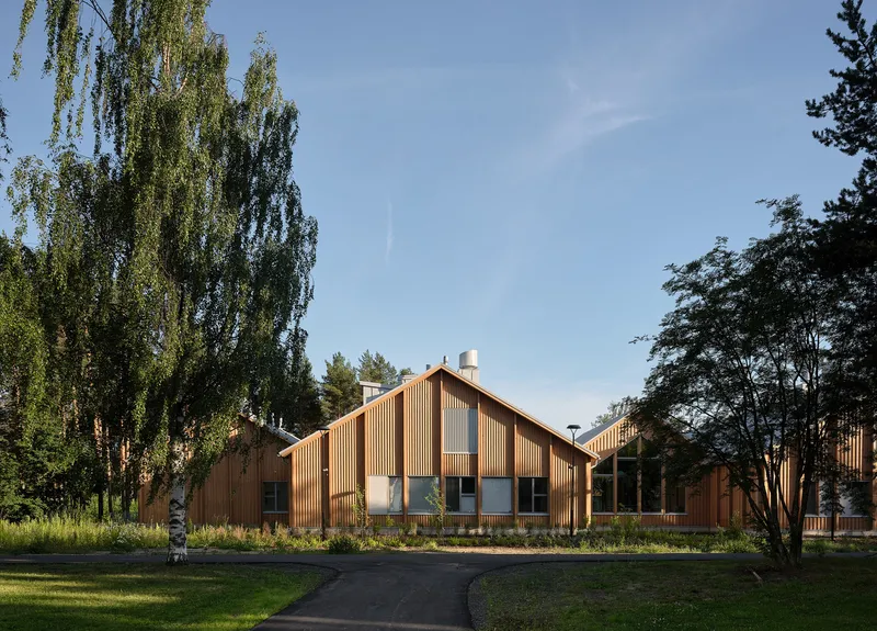 Timber-clad gabled volume with vertical slat facade and glass openings set among birch trees in late afternoon light