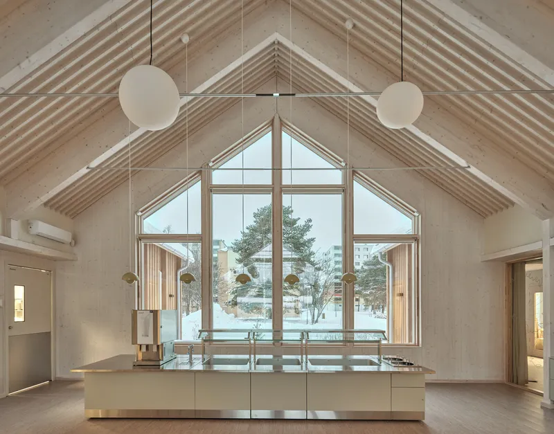 Vaulted plywood ceiling with exposed rafters framing a gabled window wall overlooking snowy landscape