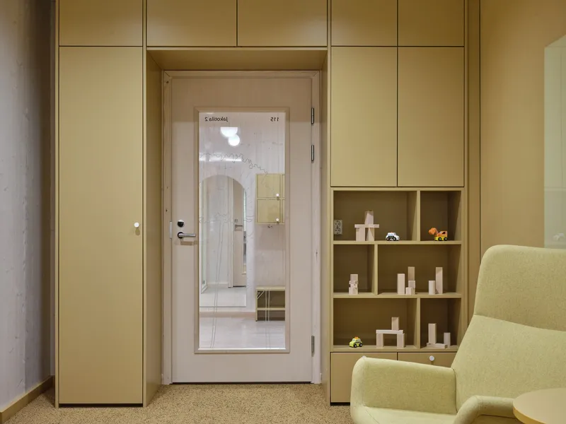 Timber-framed door with mirrored glass panel set within birch plywood millwork and storage