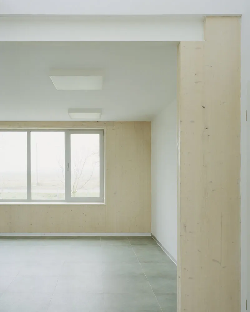 Interior room with pale timber column and window framing a bare winter tree outside