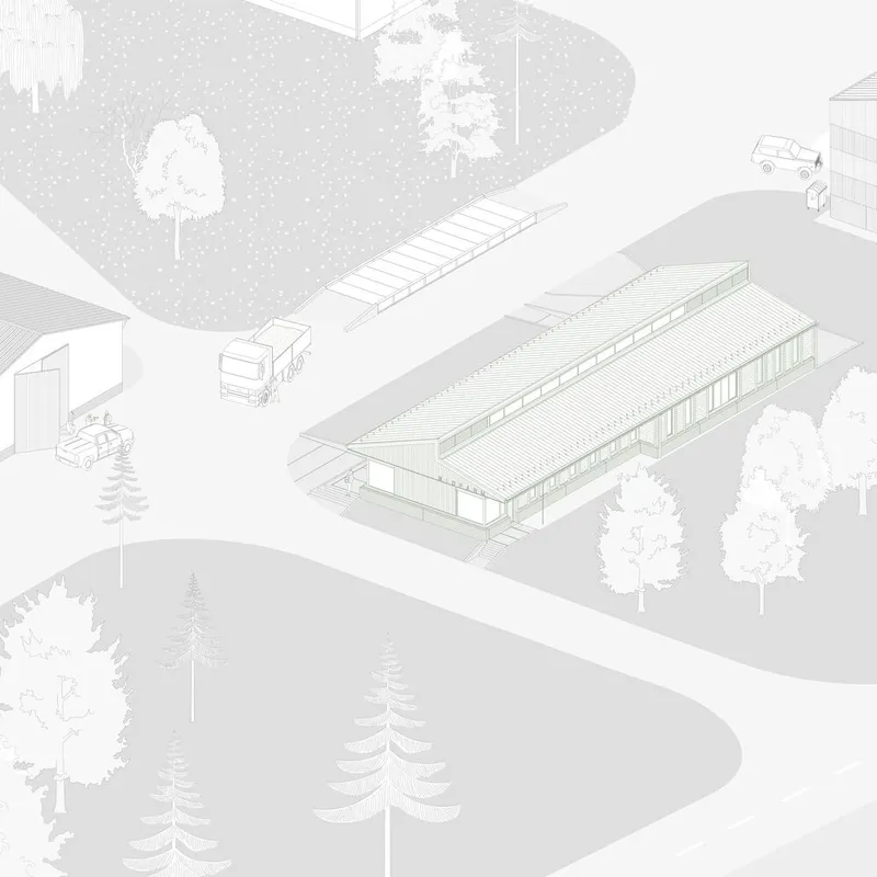 Axonometric drawing showing a long gabled volume with corrugated roof surrounded by trees and vehicles