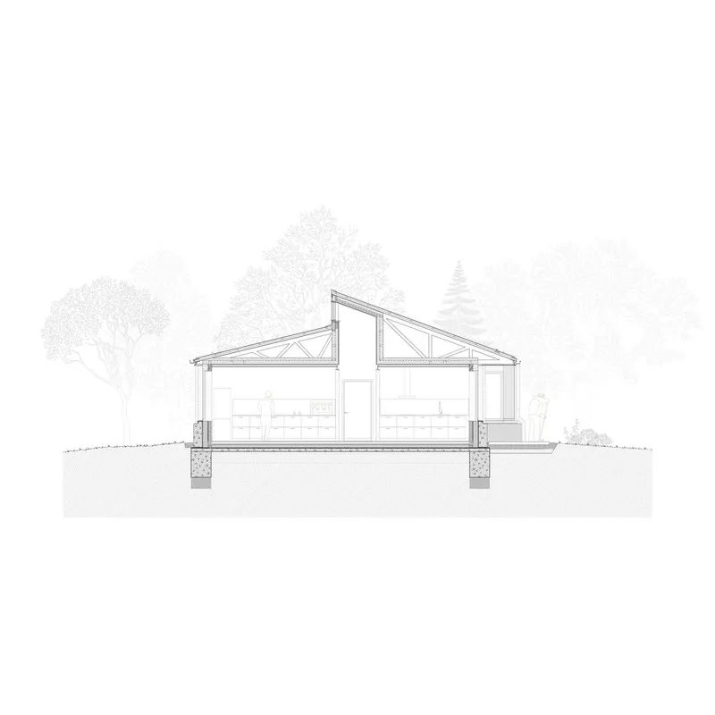 Section drawing revealing the kitchen and living spaces beneath triangulated timber roof structure on concrete piers