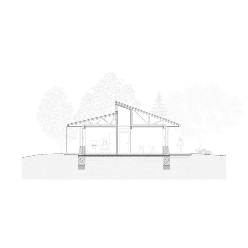 Section drawing showing exposed timber roof trusses and concrete pier foundations surrounded by trees