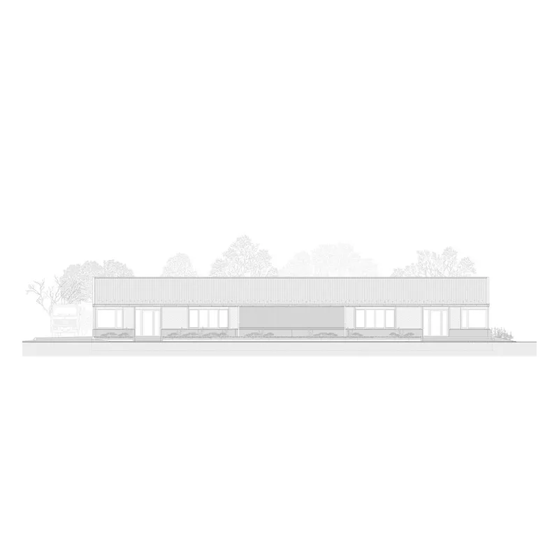 Elevation drawing showing a low horizontal volume with corrugated metal roof and rhythmic glazed openings beneath trees