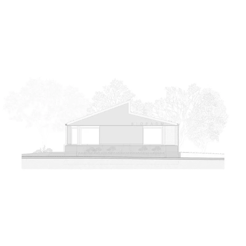Elevation drawing depicting a gabled pavilion with ribbon windows and a planted terrace on sloping ground